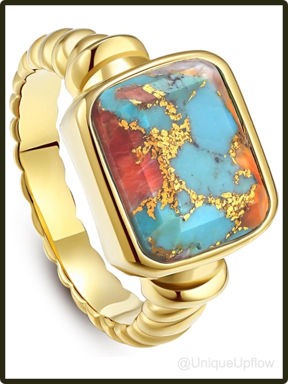 14K Gold Plated Chunky Signet Ring Oyster Turquoise Twisted Band Gift for Women